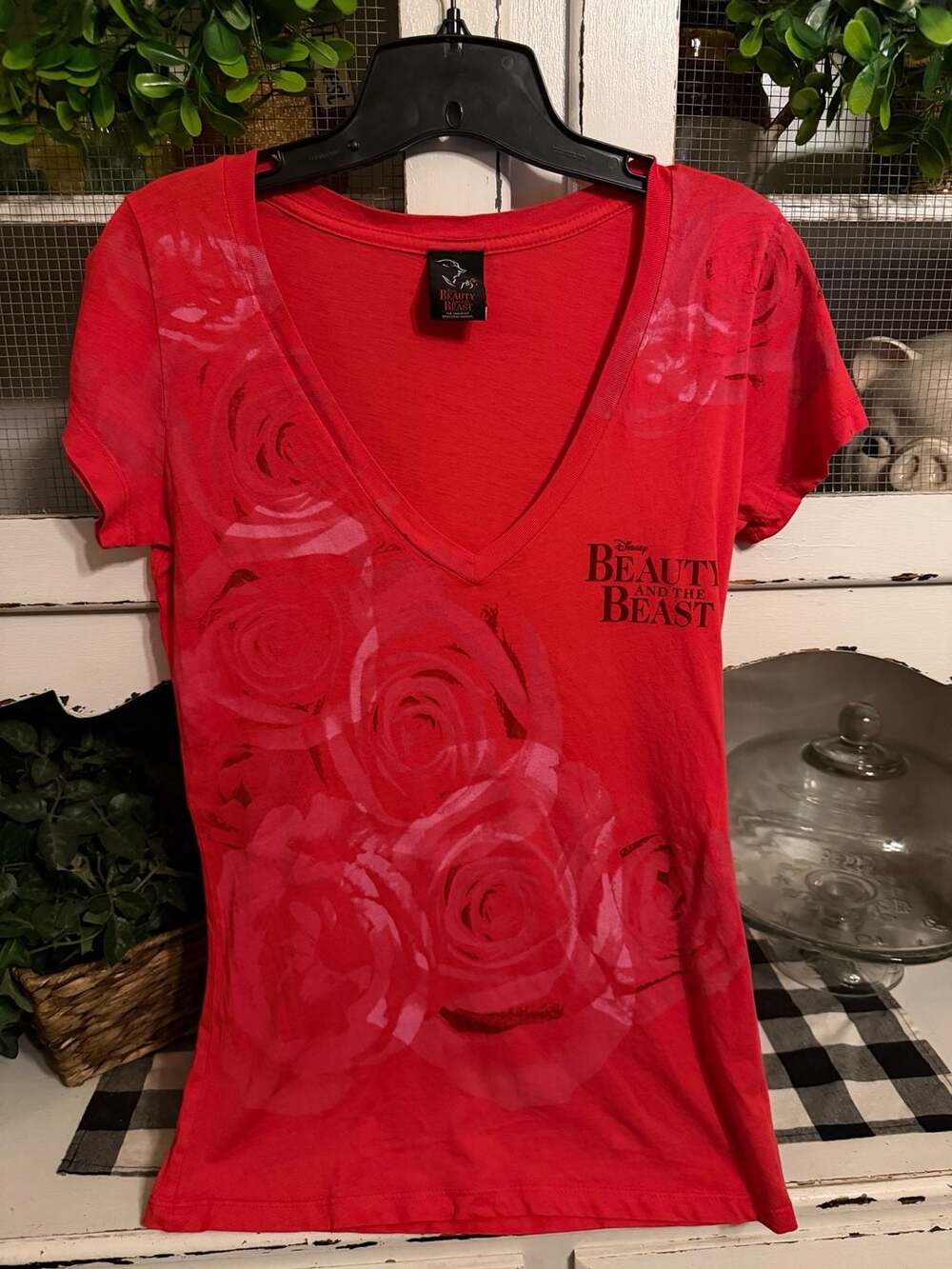 Women’s Disney Beauty and the Beast Broadway Musical V-Neck Rose Shirt Red